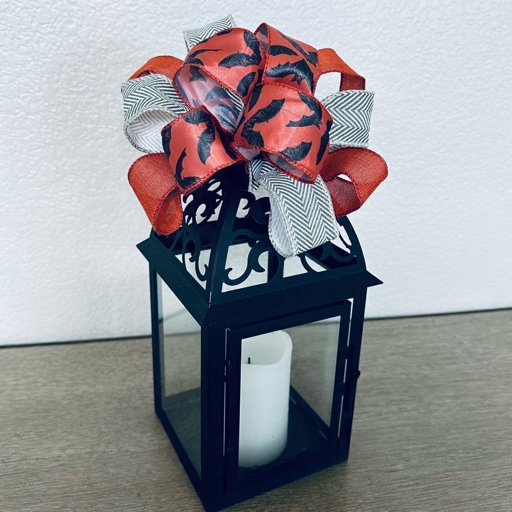 Halloween Bat Ribbon Bow Black Metal Lantern Candle Holder Decor